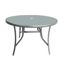 Mesa Redonda Arpoador Macaé Fratini 107 cm (largura) Alumínio Cinza Tampo de Vidro com Furo Central Mesa Redonda Arpoador Macaé Fratini 107 cm (largura) Alumínio Cinza Tampo de Vidro com Furo Central