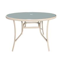 Mesa Redonda Arpoador Macaé Fratini 107 cm (largura) Alumínio Fendi Tampo de Vidro com Furo Central