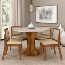 Mesa Redonda C/vidro 4 Cadeiras Sextavada Cali Fre/off/cor. Bege - Ma