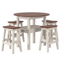 Mesa Redonda com 4 Banquetas em Madeira Maciça Branco Envelhecido Mesa Redonda com 4 Banquetas em Madeira Maciça Branco Envelhecido
