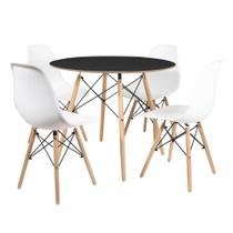 Mesa Redonda de Jantar Eames Chanfrada 90cm com 4 Cadeiras DSW Design Clássico Branco Preto