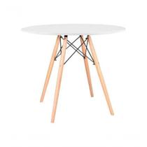 Mesa Redonda De Jantar Eames Eiffel 110cm Branca Base Madeira Maciça