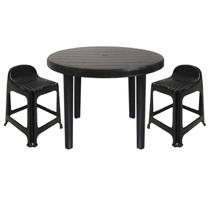 Mesa Redonda Desmontável de Plástico 94cm Preta + 2 Banquetas Com Encosto
