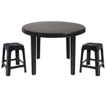 Mesa Redonda Desmontável de Plástico 94cm Preta + 2 Banquetas Empilháveis
