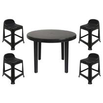 Mesa Redonda Desmontável de Plástico 94cm Preta + 4 Banquetas Com Encosto