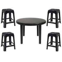 Mesa Redonda Desmontável de Plástico 94cm Preta + 4 Banquetas Empilháveis