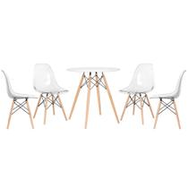 Mesa redonda Eames 70 cm + 4 cadeiras Eiffel DSW translúcidas