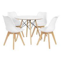 Mesa Redonda Eames Chanfrada 110cm Branca com 4 Cadeiras Saarinen Wood Branca - La Mobilia Mesa Redonda Eames Chanfrada 110cm Branca com 4 Cadeiras Saarinen Wood Branca - La Mobilia