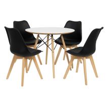 Mesa Redonda Eames Chanfrada 90cm Branca com 4 Cadeiras Saarinen Wood Preta - La Mobilia