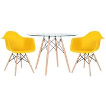 Mesa redonda Eames com tampo de vidro 100 cm + 2 cadeiras Eiffel DAW