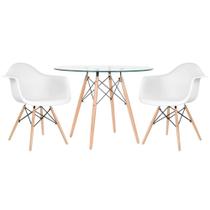 Mesa redonda Eames com tampo de vidro 100 cm + 2 cadeiras Eiffel DAW