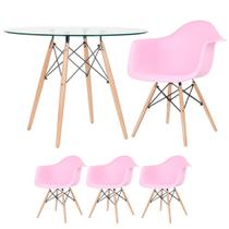 Mesa redonda Eames com tampo de vidro 100 cm + 3 cadeiras Eiffel DAW