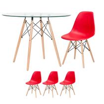 Mesa redonda Eames com tampo de vidro 100 cm + 3 cadeiras Eiffel DSW