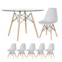 Mesa redonda Eames com tampo de vidro 120 cm + 5 cadeiras Eiffel DSW - Cinza claro Mesa redonda Eames com tampo de vidro 120 cm + 5 cadeiras Eiffel DSW - Cinza claro