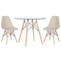 Mesa Redonda Eames Com Tampo De Vidro 80 Cm 2 Cadeiras Nude