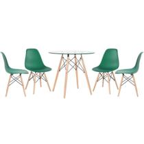 Mesa Redonda Eames Com Tampo De Vidro 80 Cm + 4 Cadeiras Eiffel Dsw Verde Escuro