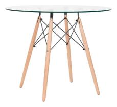 Mesa Redonda Eiffel Eames Tampo Vidro Temperado 90cm Base Madeira Design Moderno