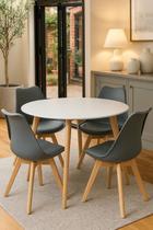 Mesa Redonda Leda 90cm Branca e 4 Cadeiras Leda Ergonomicas Pés Madeira Confotáveis e Elegante Modernize Sua Casa Novo Jogo