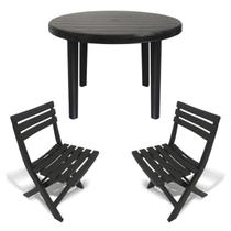 Mesa Redonda Plástico Desmontável 94cm Preta + 2 Cadeiras Dobráveis