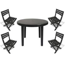 Mesa Redonda Plástico Desmontável 94cm Preta + 4 Cadeiras Dobráveis Mesa Redonda Plástico Desmontável 94cm Preta + 4 Cadeiras Dobráveis
