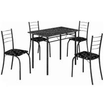 Mesa Rio Tampo Granito Preto 100x60cm com 4 Cadeiras Tubular Branco Teixeira Cor Cinza com Preto