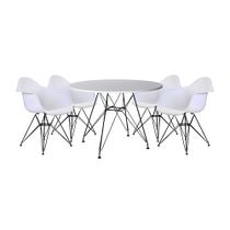 Mesa Sala de Jantar Eames Eiffel Redonda 90cm Branca com 4 Poltronas Brancas Ferro Preto Mesa Sala de Jantar Eames Eiffel Redonda 90cm Branca com 4 Poltronas Brancas Ferro Preto