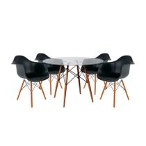 Mesa Sala de Jantar Eiffel Eames Vidro Redonda 110cm Vidro com 4 Poltronas Pretas Base Madeira