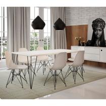 Mesa Sala de Jantar Industrial Clips Branca 135x75 com 6 Cadeiras Eiffel Brancas de Ferro Preto