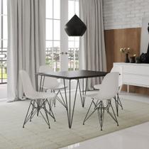 Mesa Sala de Jantar Industrial Clips Quadrada Preta 90 com 4 Cadeiras Eiffel Brancas de Ferro Preto