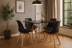 Mesa Sala Jantar Cozinha Eiffel Quadrada 90cm com 04 cadeiras Leda Saarinen Wood Preta