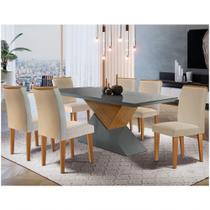 Mesa Tampo Mdf Canto Reto 6 Cadeiras Creme, Grafite E Imbuia