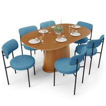 Mesa Valência Com 06 Cadeiras Para Sala De Jantar Louise L02 Linho Azul - Lyam Decor