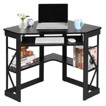 Mesa VECELO Corner 104x76 cm, bandeja de teclado, prateleiras, pretas