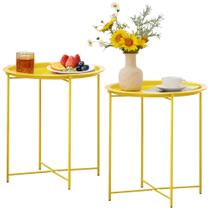 Mesas laterais dobráveis de metal redondas VECELO, 2 peças, amarelas