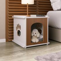 Mesinha de Cabeceira com Espaço Pet Cama Casinha Gato Cachorro Patinha Caminha Marrom Branco ou Mel