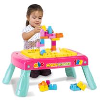 Mesinha Didática Infantil Mesa Educativa 20 Blocos Montar Dobrável Portátil Rosa