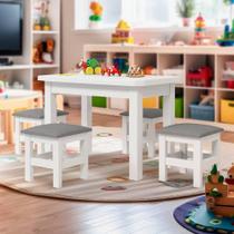 Mesinha Infantil Madeira Maciça 88x54 Com 4 Banquetas Branco Com Estofado Cinza Lesus Shop Jm