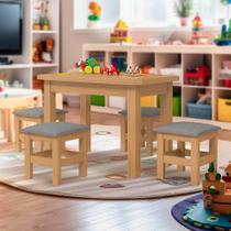 Mesinha Infantil Madeira Maciça 88x54 Com 4 Banquetas Nogueira Com Estofado Cinza Puzao Shop Jm