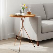 Mesinha Redonda Pés Palito Metal Mesa Lateral Apoio Sofá Metal Madeira Nozes Cobre Metálico 38 x 45cm