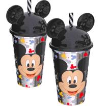 Mickey kit 2 Copos Orelhas Porta Lanche Infantil Escola