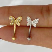 Microbell curvo prata 925 borboletinha com zircônias e haste em aço cirúrgico