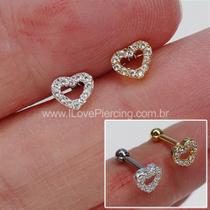 Microbell reto prata 925 coração com zircônias cristal - aço cirúrgico