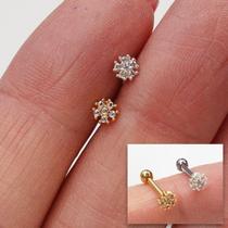 Microbell reto prata 925 florzinha com zircônias e haste em aço cirúrgico