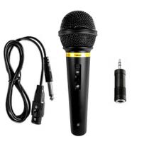 Microfone com fio p/Caixa de Som e p/Karaoke c/Cabo Aux. P2 e P10 Preto
