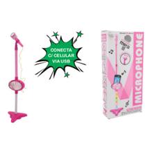 Microfone com pedestal som e luz a pilha rosa - Cute Toys
