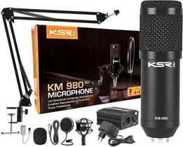 Microfone Condensador para Estúdio KSR Pro KM980 + Phantom + Kit Usb + Cabo c/ 7 itens