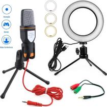 Microfone Condensador Profissional + Ring Light 16cm Led Vídeo Aula Live Reunião - CJJM
