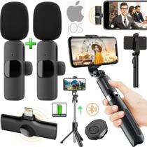 Microfone de Lapela Duplo Para Iphone + Bastão Com Controle Suporte Foto Vídeo Filmagem