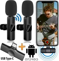 Microfone de Lapela Duplo Sem Fio Usb C Tipo C Dois Canais Redução de Ruído Gravação de Vídeo Celular Youtuber Blogueiro