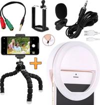 Microfone De Lapela Para Celular Smartphone Universal Luz Flash Led Iluminador Ring Light Tripé Flexível
